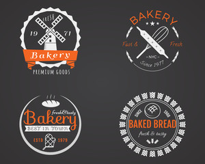 Set of bakery labels, icons, badges and design elements, symbols. Fresh bread, cakes logo templates. 2 Color vintage style. Cupcake emblem. Vector illustration