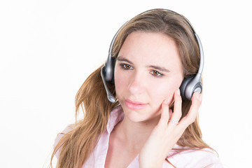 Telemarketing headset woman from call center smiling