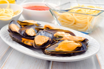 Galician mussels group in tray