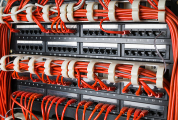 Rows of network cables connected to router and switch hub