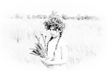 Vintage black and white photo of a girl with a bouquet in a field