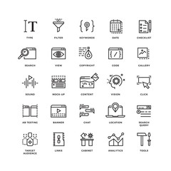 Seo and development line thin vector icons. Collection of seo development icon. Web technology for internet seo illustration