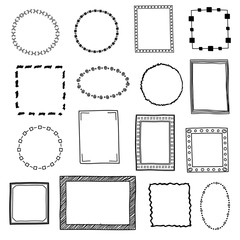 Hand drawn doodle frames, borders vector set. Frame sketch for decoration, drawing frames in form square and circle illustration