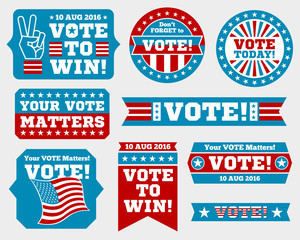 American presidential election 2016 badges and vote labels. Badges and signs for presidential election. Symbols of USA president election. Vector illustration