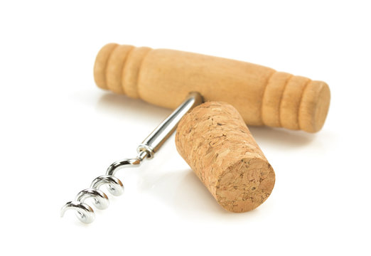 Corkscrew And Wine Cork On White