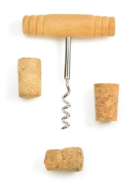 Corkscrew And Wine Cork On White