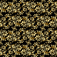 Seamless pattern with luxury damask ornament on the black background.