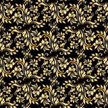 Seamless pattern with luxury damask ornament on the black background.