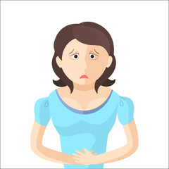 Woman have an abdominal pain. Character in Flat style