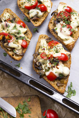 delicious bruschetta with tomatoes, cheese and mushrooms