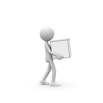 recommend clip art: 3D Cartoon Karakter - Weißes kleines 3D Männchen als Arbeiter schleppt eine Kiste, Karton. Schwarzweiß rendering isoliert auf weißem Hintergrund mit sanftem Schatten auf dem Boden.