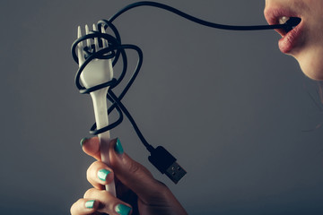 female lips with usb cable