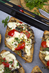 delicious bruschetta with tomatoes, cheese and mushrooms