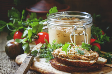 Sandwich with liver pate, selective focus