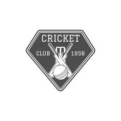 Cricket club emblem and design elements.  team logo .  stamp. Sports fun symbols with  equipment - bats, ball. Use for web , tee  or print on t-shirt. Monochrome