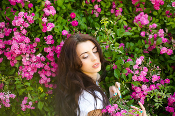 Naklejka premium woman near pink rose bush