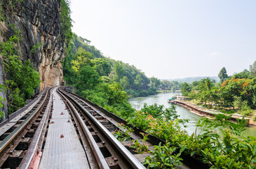 Fototapeta na wymiar Beautiful landscape Death Railway bridge over the Kwai Noi River at Krasae cave in Kanchanaburi province Thailand 