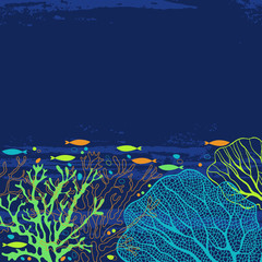 Naklejka premium Vector background on the marine theme with underwater plants and fishes