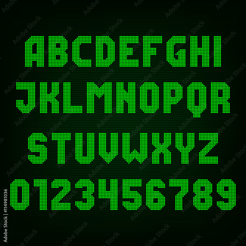 Poster green led digital display font. vector alphabet - dot letters and numbers.