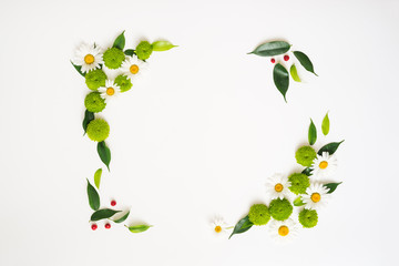 Wreath frame from chamomile and chrysanthemum flowers.
