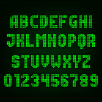 Green led digital display font. Vector alphabet - dot letters and numbers.