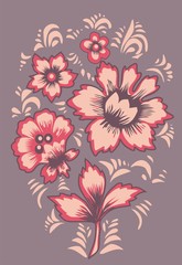 Card exotic flowers. Fabulous floral pattern. Russian folk art Khokhloma. Original wedding invitation. Ethnic background.