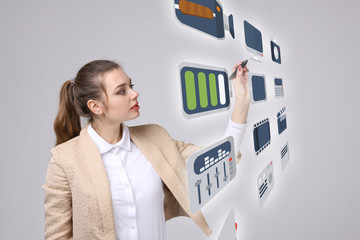 Woman pressing multimedia and entertainment icons on a virtual background