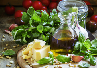 Italian spices, herbs, cheese and olive oil, selective focus