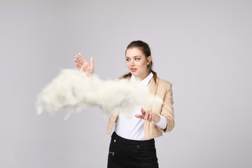 Young woman and cloud, weather forecast concept.