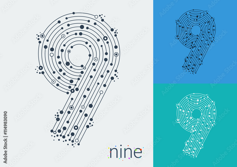 Poster vector number eight on a bright and colorful background. mathematical symbols in techno style, creat
