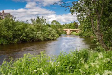 River Coquet at Rothbury, with lush summer vegetation on the riverbanks, in Northumberland