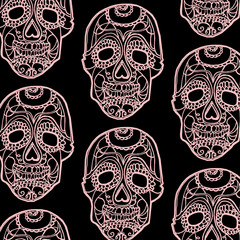 Seamless pattern with pink skulls and black background