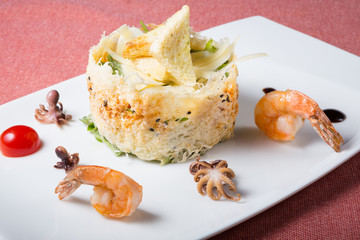 Seafood salad with croutons