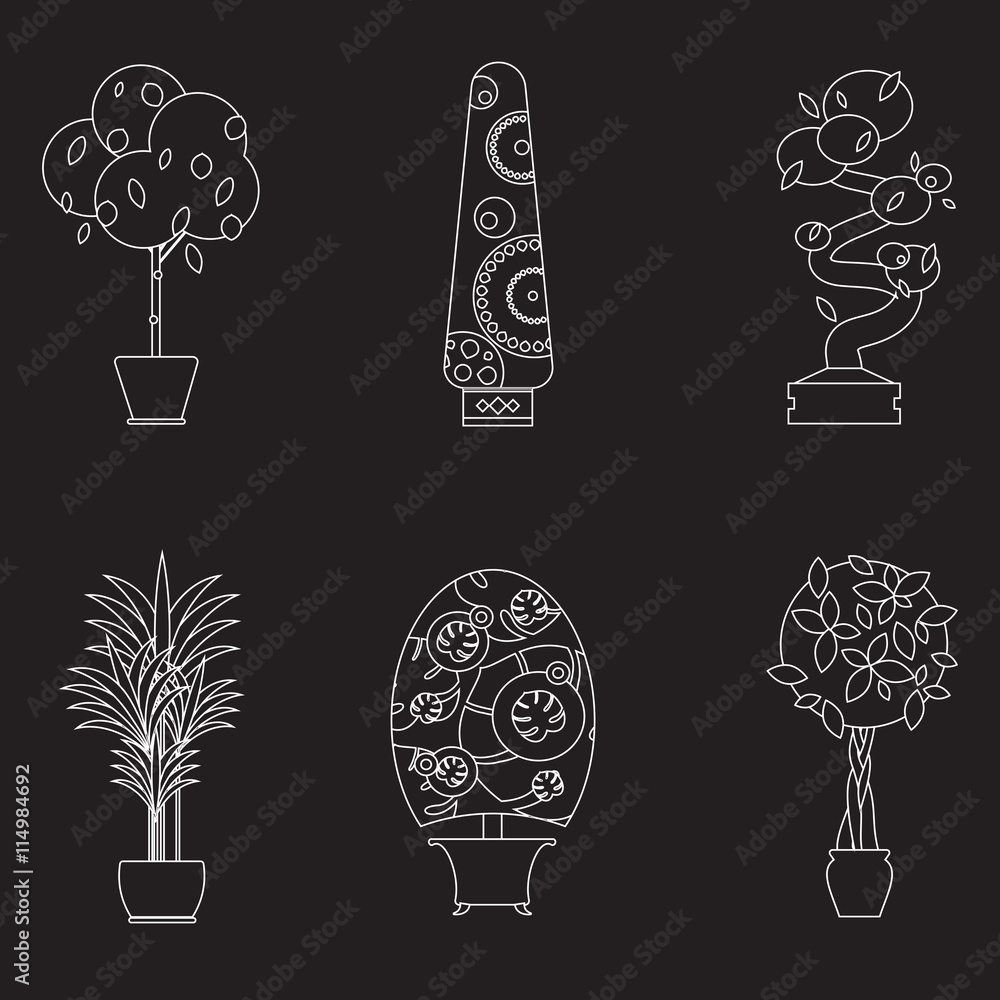 Wall mural Big houseplants. Set of flat potted interior flowers