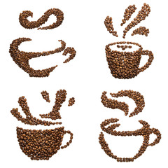 Coffee cups / Set of cup shapes of roasted coffee beans isolated on white.