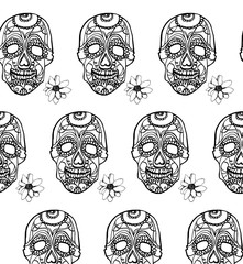 Seamless pattern with pink skulls and black background