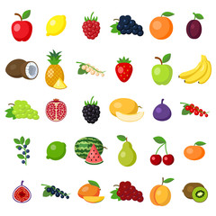 Fruits set on white. fruits including apple, lemon, raspberry, grape, orange, plum, coconut, pineapple, white currant, strawberry, banana, pomegranat, blackberry, melon, fig, lime, pear, cherry, kiwi.