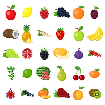 Fruits set on white. fruits including apple, lemon, raspberry, grape, orange, plum, coconut, pineapple, white currant, strawberry, banana, pomegranat, blackberry, melon, fig, lime, pear, cherry, kiwi.