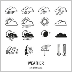 Set of 16 icons depicting weather conditions. Rain, snow, hail, lightning, wind, solar or cloudy weather.