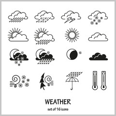 Obraz premium Set of 16 icons depicting weather conditions. Rain, snow, hail, lightning, wind, solar or cloudy weather.