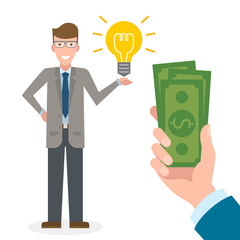 Businessman gets money for the idea. Handsome businessman has idea bulb. Selling new ideas, getting money. Funding concept. Money bag.