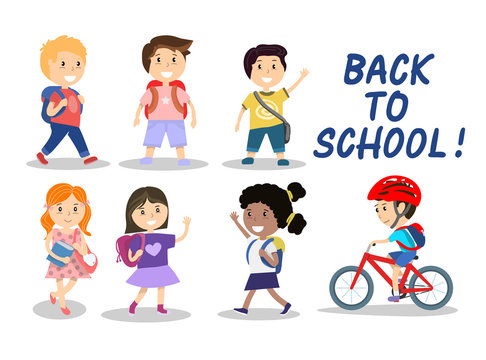 Happy school kids on white background, vector illustration