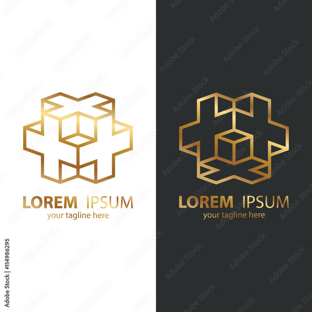 Poster gold isometric cube logo design template. line design template logotype. vector illustration.