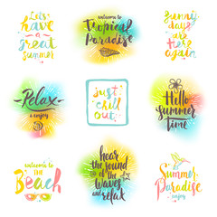 Set of summer holidays and tropical vacation handwritten calligraphy greetings. Vector illustration.