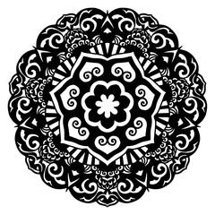 Round element for coloring book. Black and white ethnic henna pattern. Floral mandala.Black and white pattern. Ethnic henna hand drawn background for coloring book, textile or wrapping.