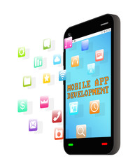 smartphone with floating  icon and mobile app development screen