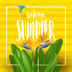 Summer holidays and tropical vacation vector greeting design. Tropical flowers, hummingbird and handwritten calligraphy on a yellow striped background.