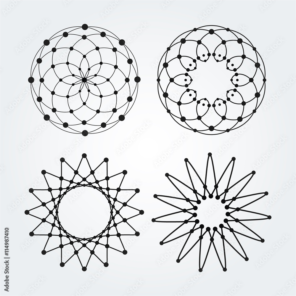 Poster vector linear circles, stars, spiral abstract logos and round shapes. design elements of dots and li