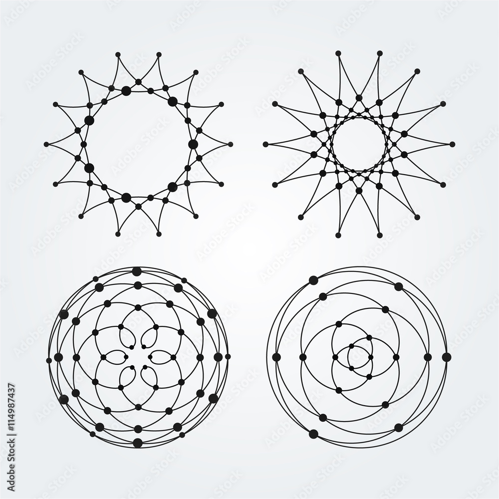 Poster vector linear circles, stars, spiral abstract logos and round shapes. design elements of dots and li