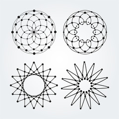 Vector linear circles, stars, spiral abstract logos and round shapes. Design elements of dots and lines.